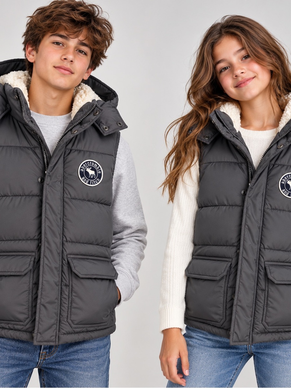 Abercrombie Kids XL Charcoal Gray Hooded Puffer Vest Sherpa Lined Moose Logo